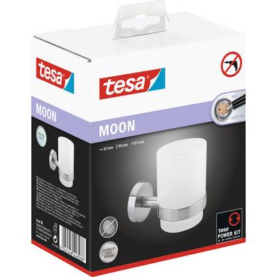 Verpackung für tesa MOON Wandhalterung mit Glas. Enthält Bild einer montierten Halterung und Hinweis auf einfache Montage ohne Bohren.