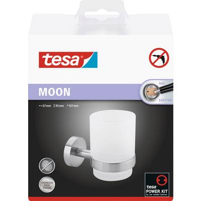 Verpackung der Badezimmerhalterung 'MOON' von tesa, aus Edelstahl, inklusive Montageset, ohne Bohren, Durchmesser 67, 95, 107 mm.