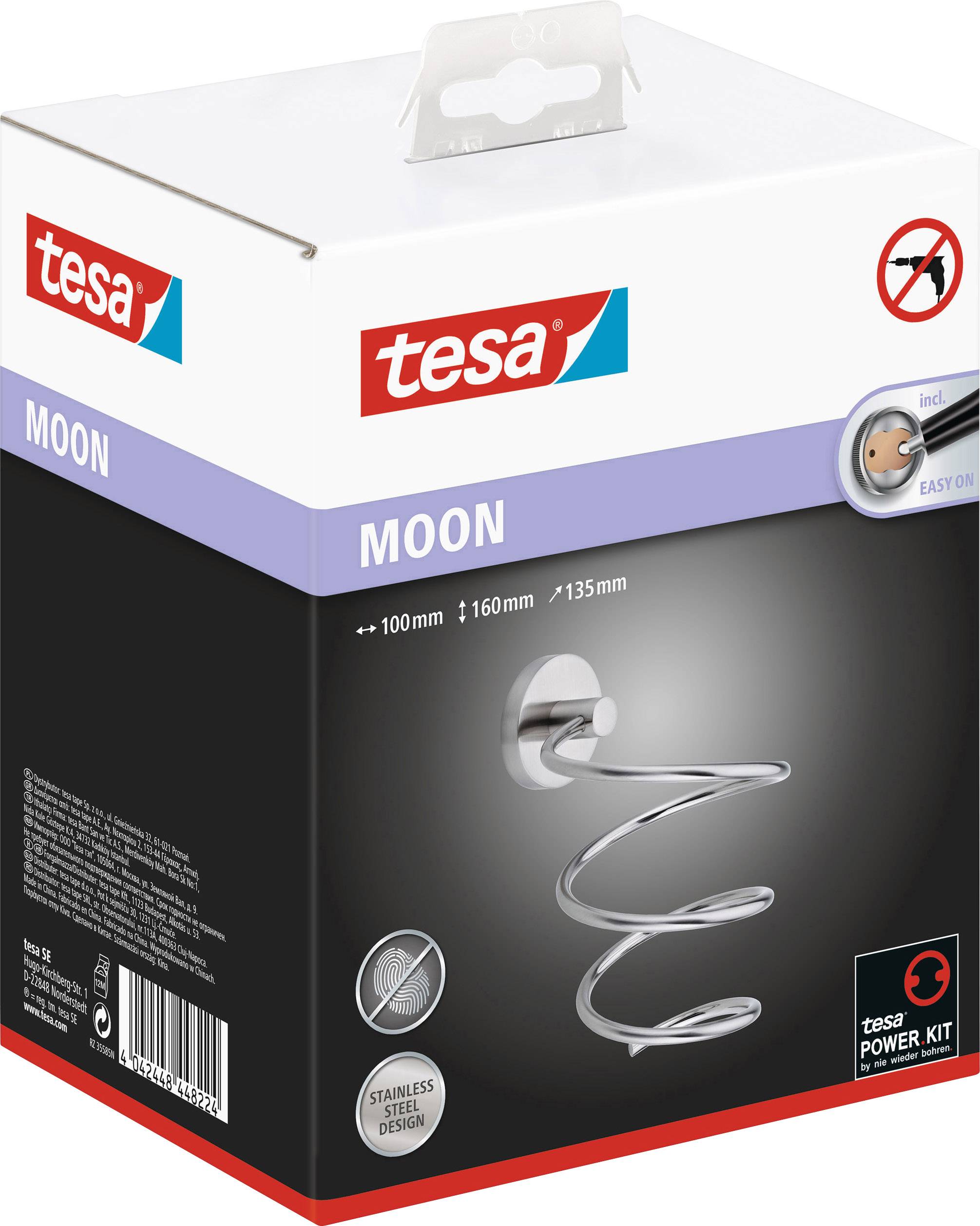 Packung einer Edelstahl-Wandhalterung von tesa. Enthält Handtuchhalter in Spiralform, geeignet für Bohrfreie Montage im Bad.