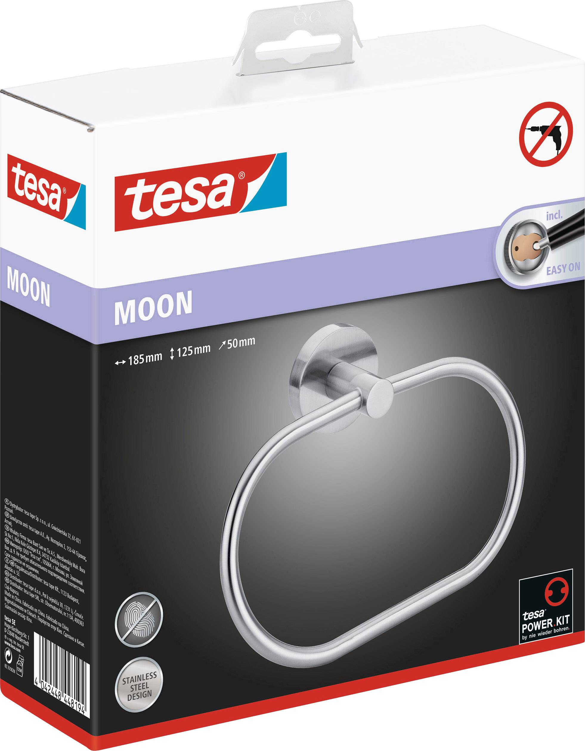 Verpackung eines tesa-Handtuchhalters aus der MOON-Serie, ohne Bohren montierbar, aus Edelstahl mit tesa Power Kit.