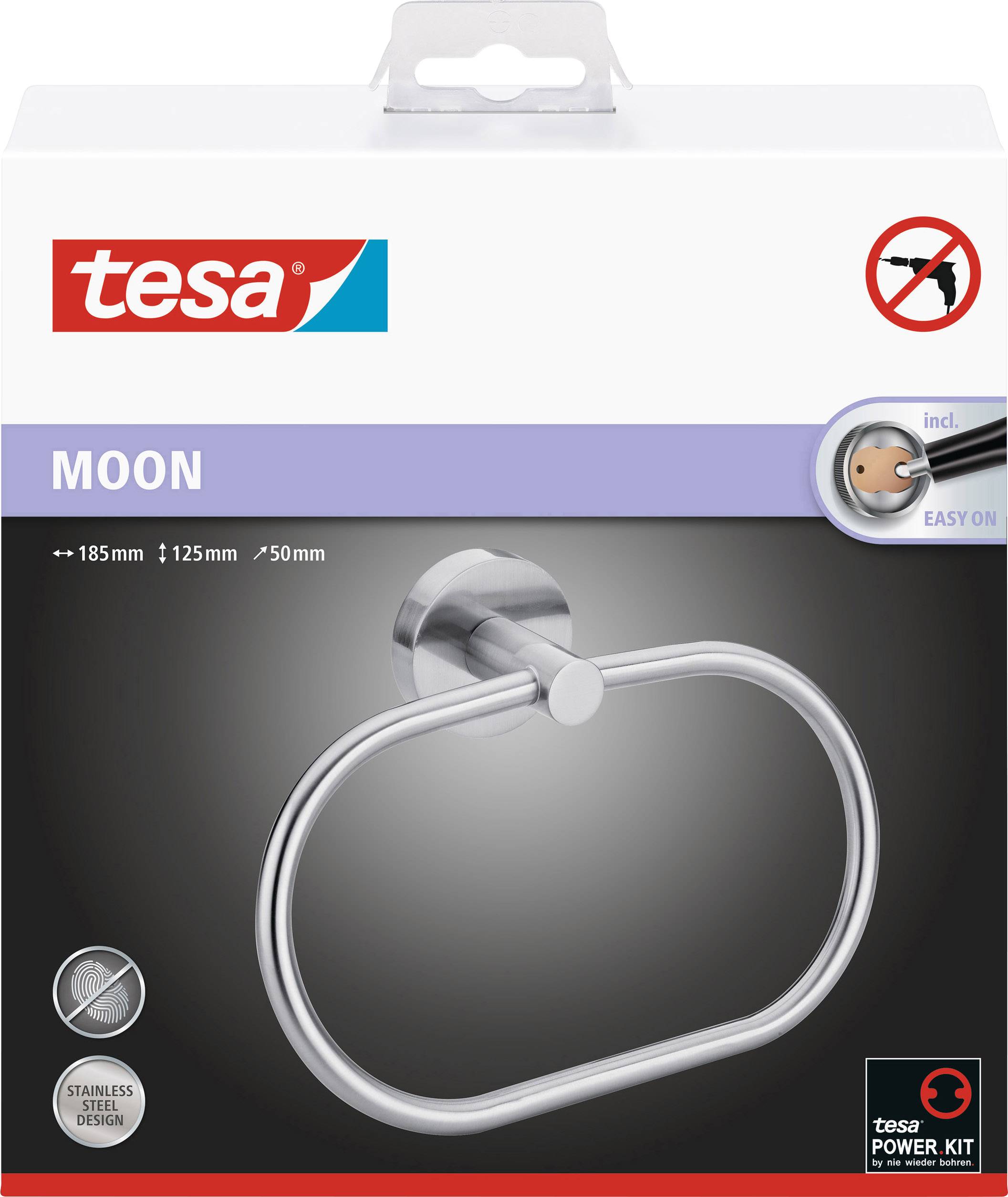 Befestigungsset von Tesa für Handtuchhalter 'MOON' aus Edelstahl, abgebildet in der Originalverpackung mit Produktfoto.