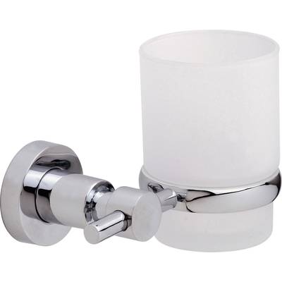 Metallischer Zahnputzbecherhalter mit mattem Glasbecher, an einer Wand montiert. Geeignet für Badezimmer zur Aufbewahrung von Zahnbürsten.