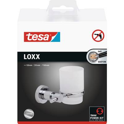 'Produktverpackung von Tesa LOXX, ein chromfarbener Wandbecherhalter. Enthält Easy On-Befestigungsystem ohne Bohren.'