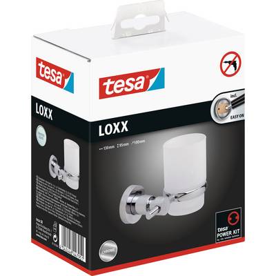 Verpackung einer tesa LOXX Wandhalterung mit Glas. Zeigt 'ohne Bohren'-Symbol, Power.Kit und Chrom-Design. Enthält Maße 130mm und 95mm.