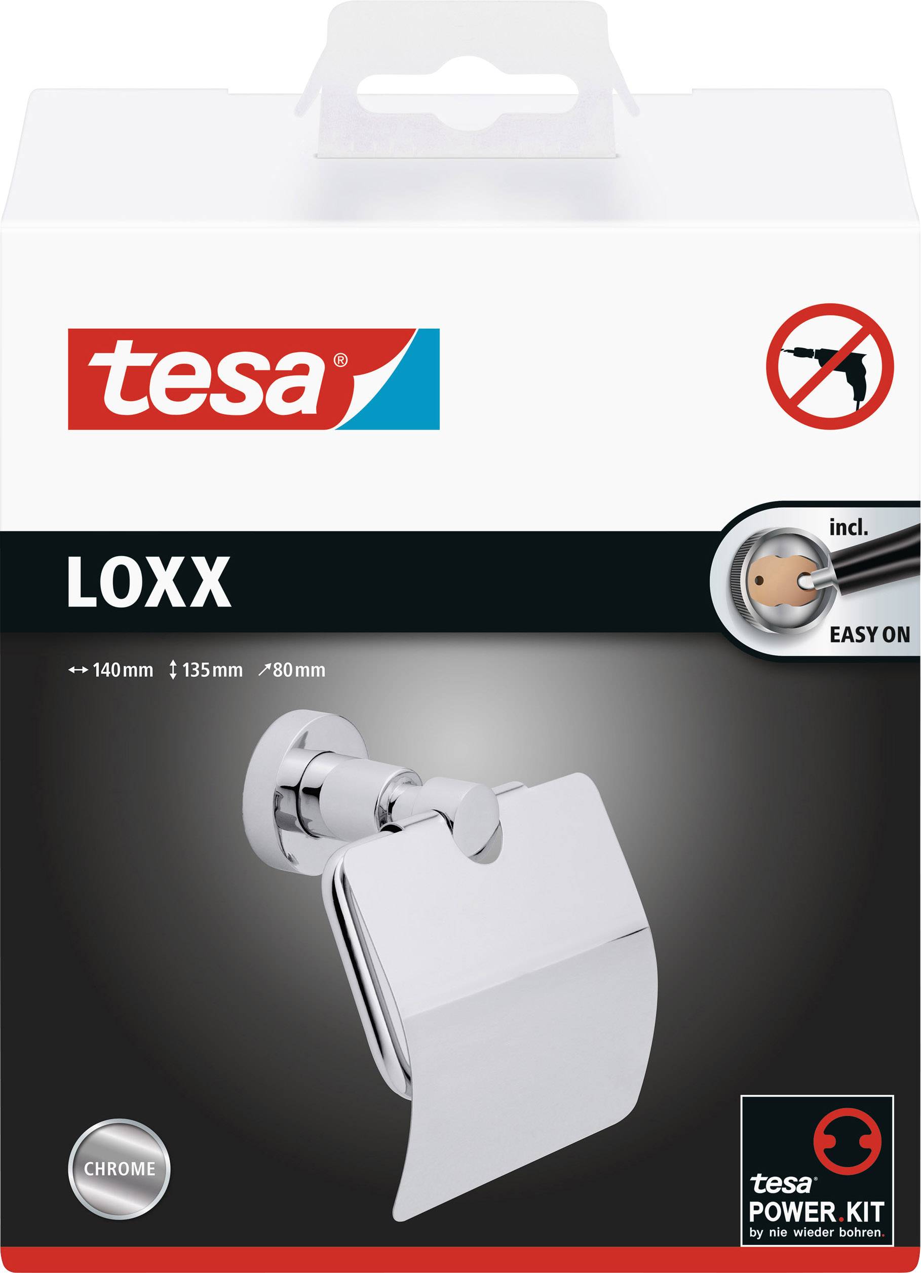 'Verpackung für tesa Loxx Toilettenpapierhalter in Chromoptik mit Easy-On-Montage, inklusive Power.Kit zur kleberelosen Befestigung.'
