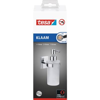 Verpackung eines Tesa Seifenspenders namens 'Klaam' mit Wandhalterung, Chromoptik, Montagehinweis 'Easy On', Abmessungen: 70x170x125 mm.