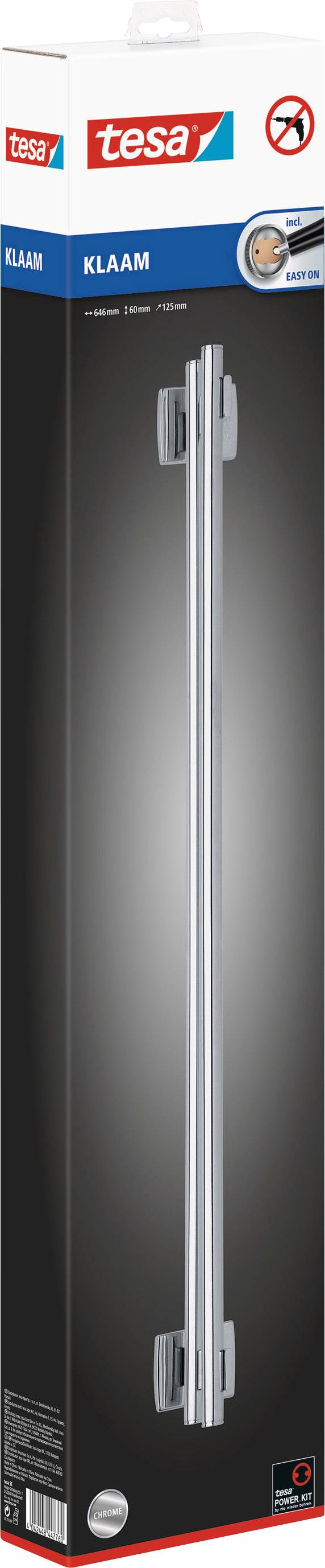 Verpackung des tesa KLAAM Duschgriffs, zeigt ein langes, silbernes Griffdesign mit Halterungen an beiden Enden.