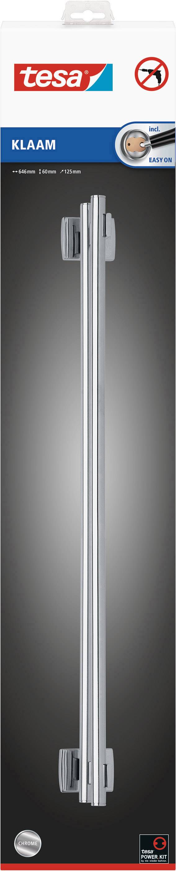 Verpackung eines Duschabziehers der Marke Tesa mit der Bezeichnung 'KLAAM'. Oben ist das Tesa-Logo und ein Hinweis "ohne Bohren".
