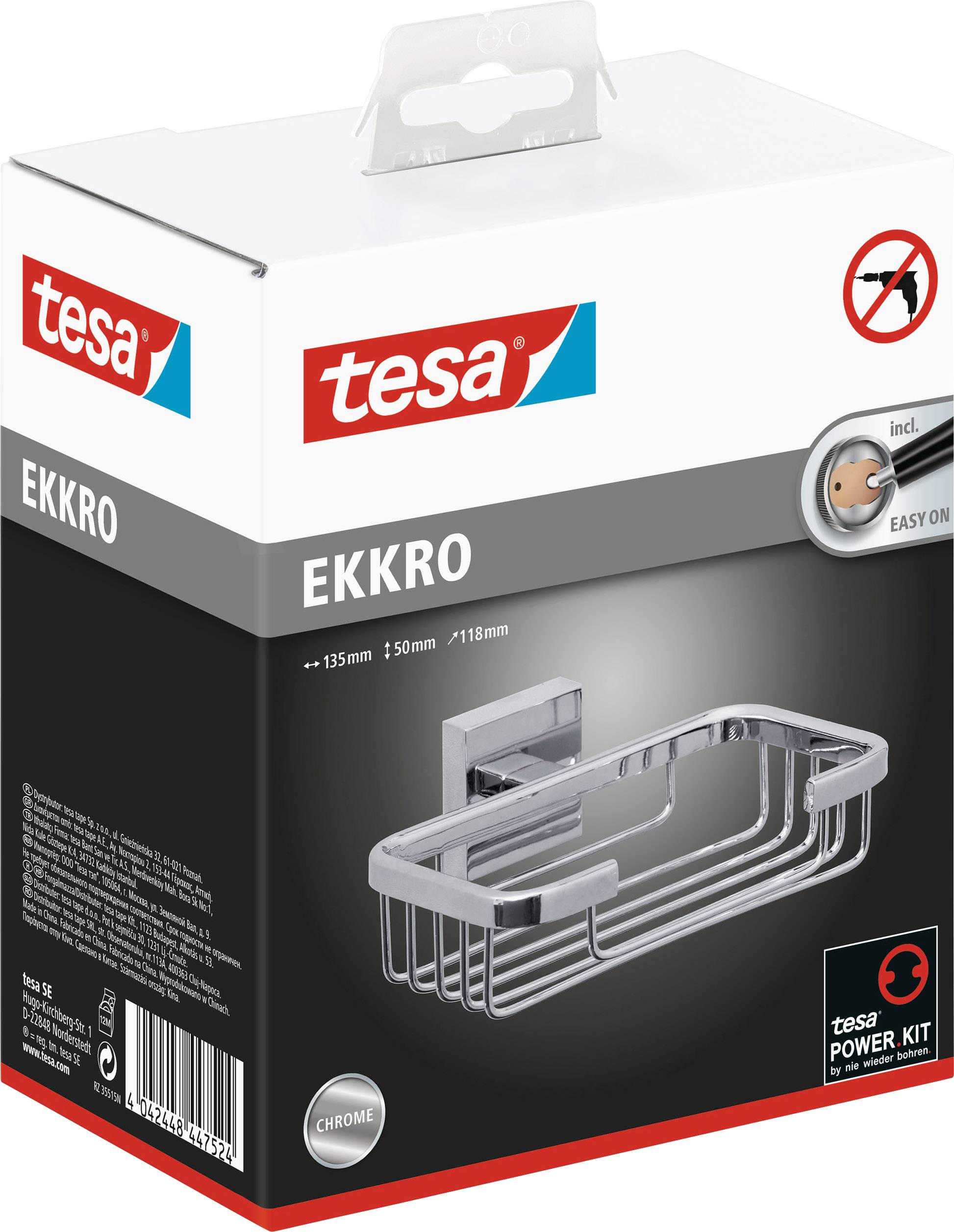 Verpackung von tesa Ekkro Duschkorb. Bild zeigt einen verchromten Korb zur Wandmontage, ohne Bohren montierbar.