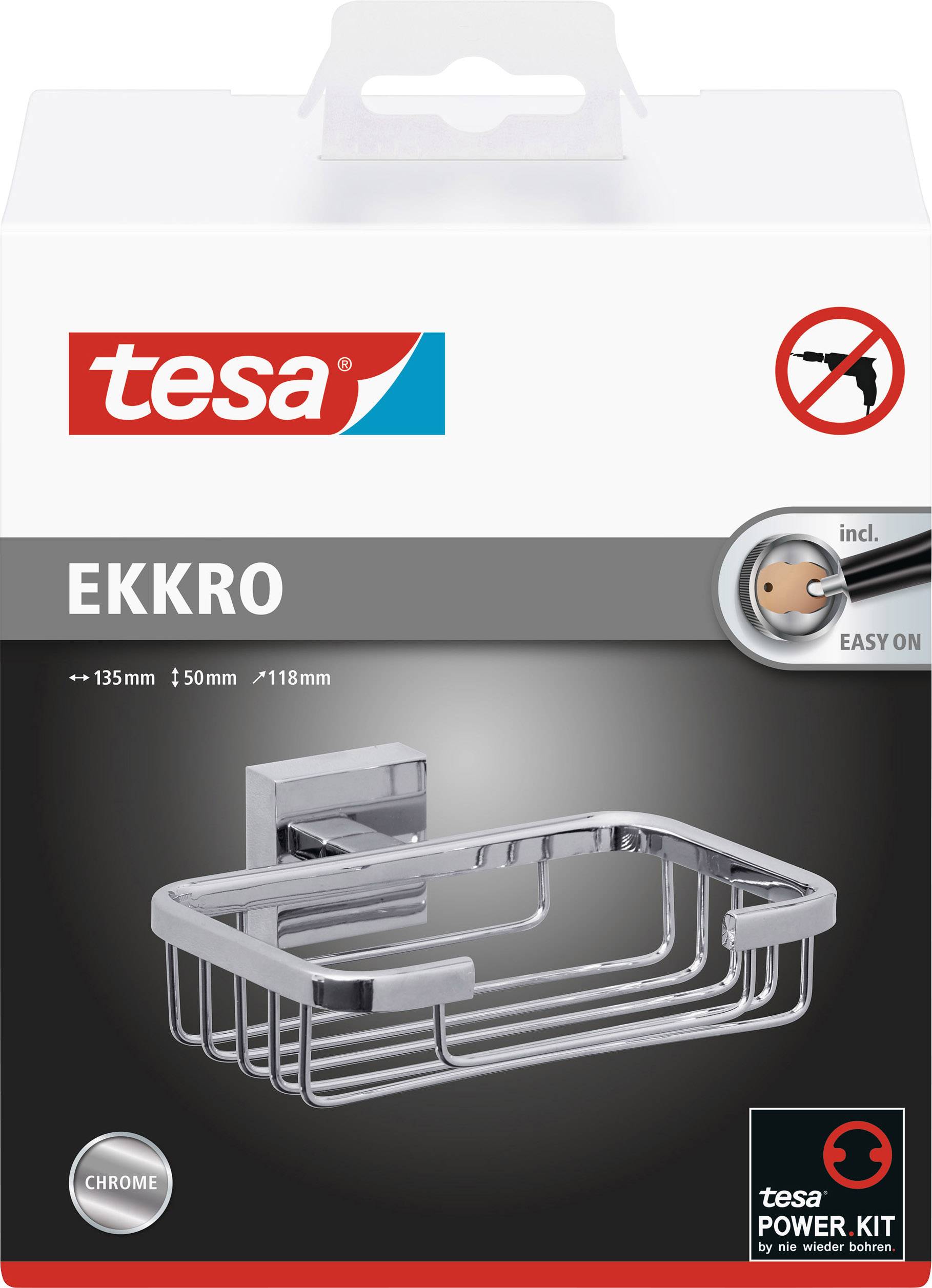 Verpackung eines tesa EKKRO Duschkorbs mit abgebildetem Produkt. Anbringung ohne Bohren, incl. Power Kit, Größe: 135x50x118mm, Chrom.