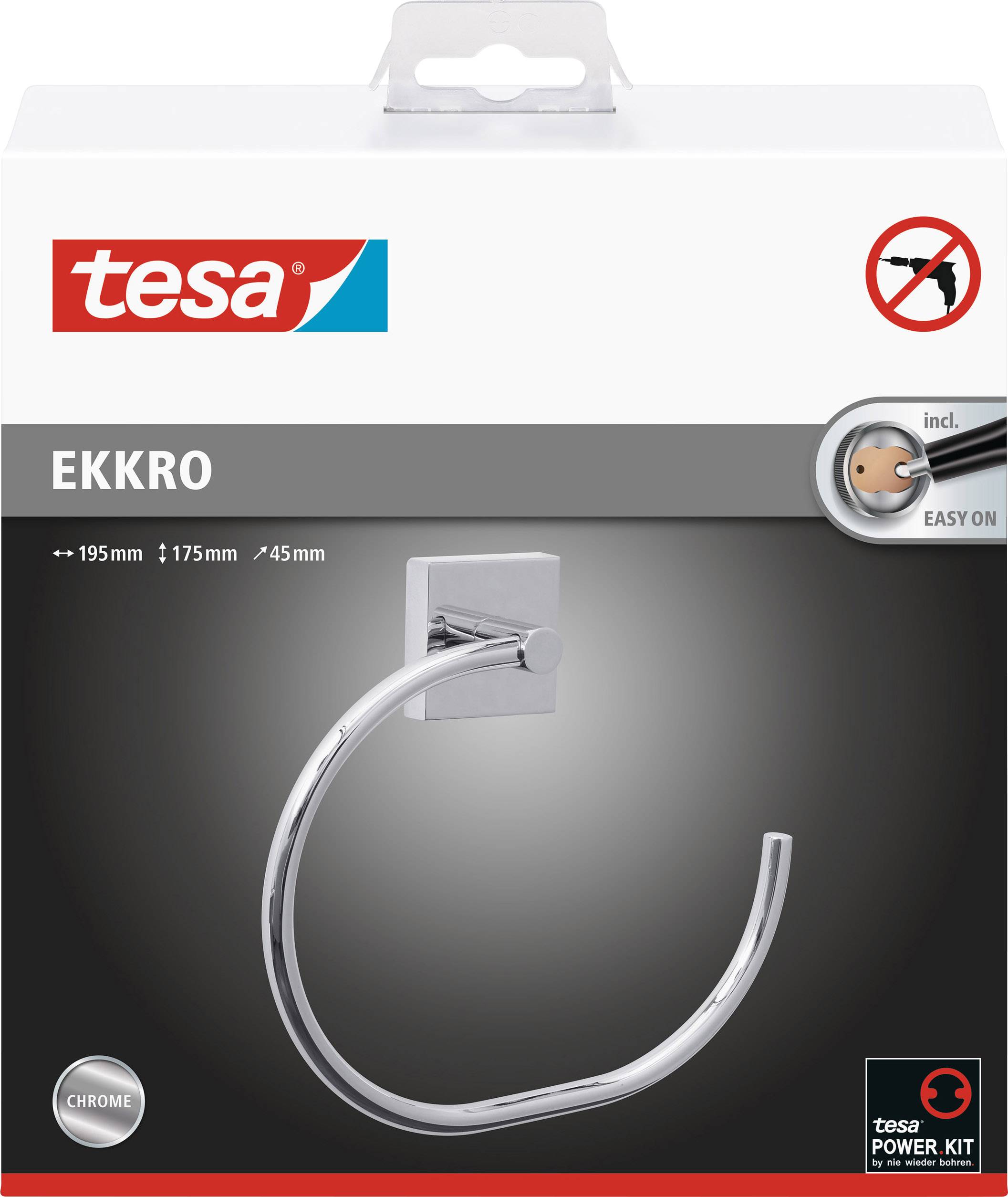 Verpackung eines verchromten Tesa Ekkro Handtuchhalters, ohne Bohren montierbar, mit Tesa Power Kit für einfache Anbringung.