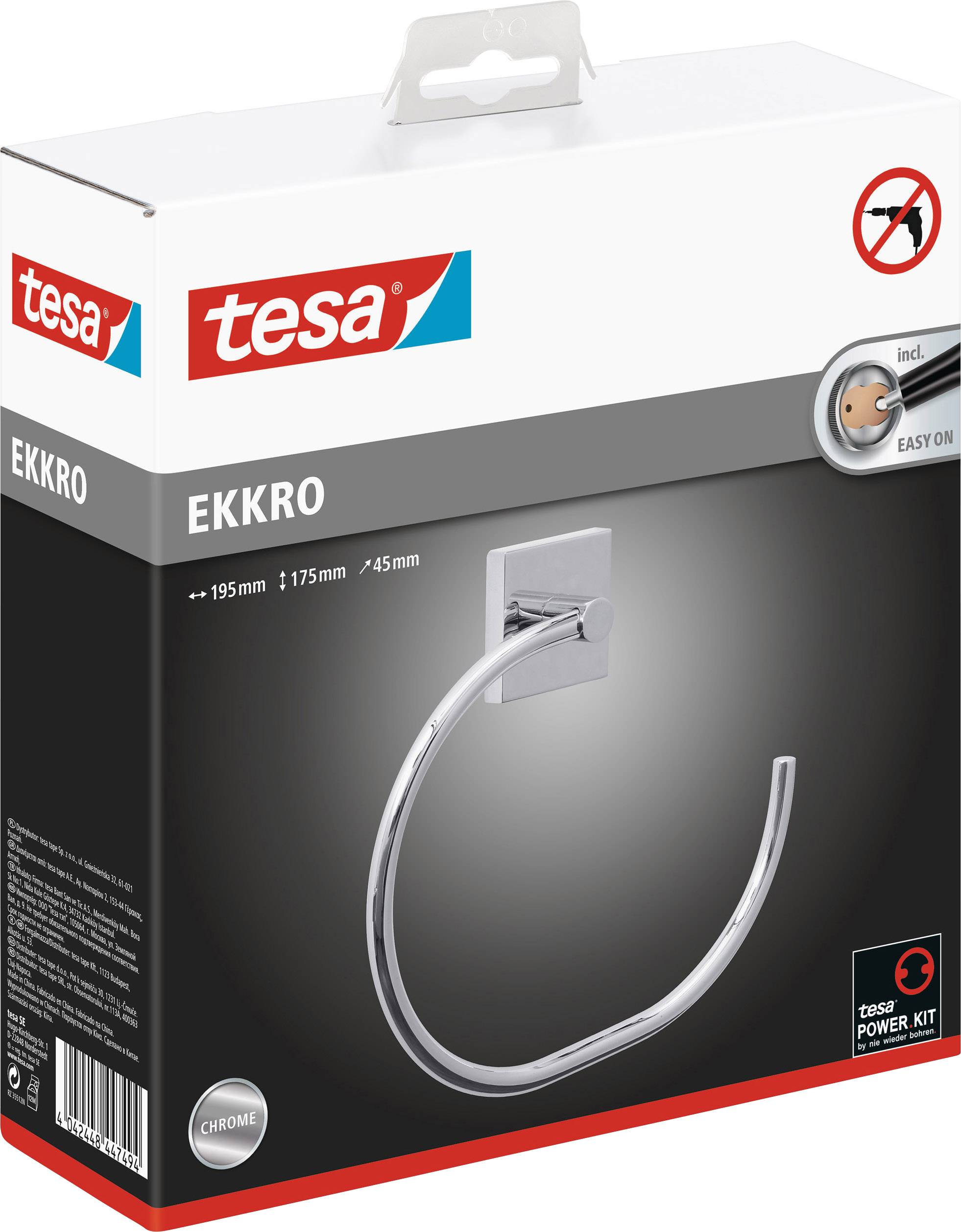 Verpackung einer Tesa-Handtuchhalterung 'EKKRO' in Chromoptik, inkl. Befestigungskit. Enthält Symbole und Markenlogo.