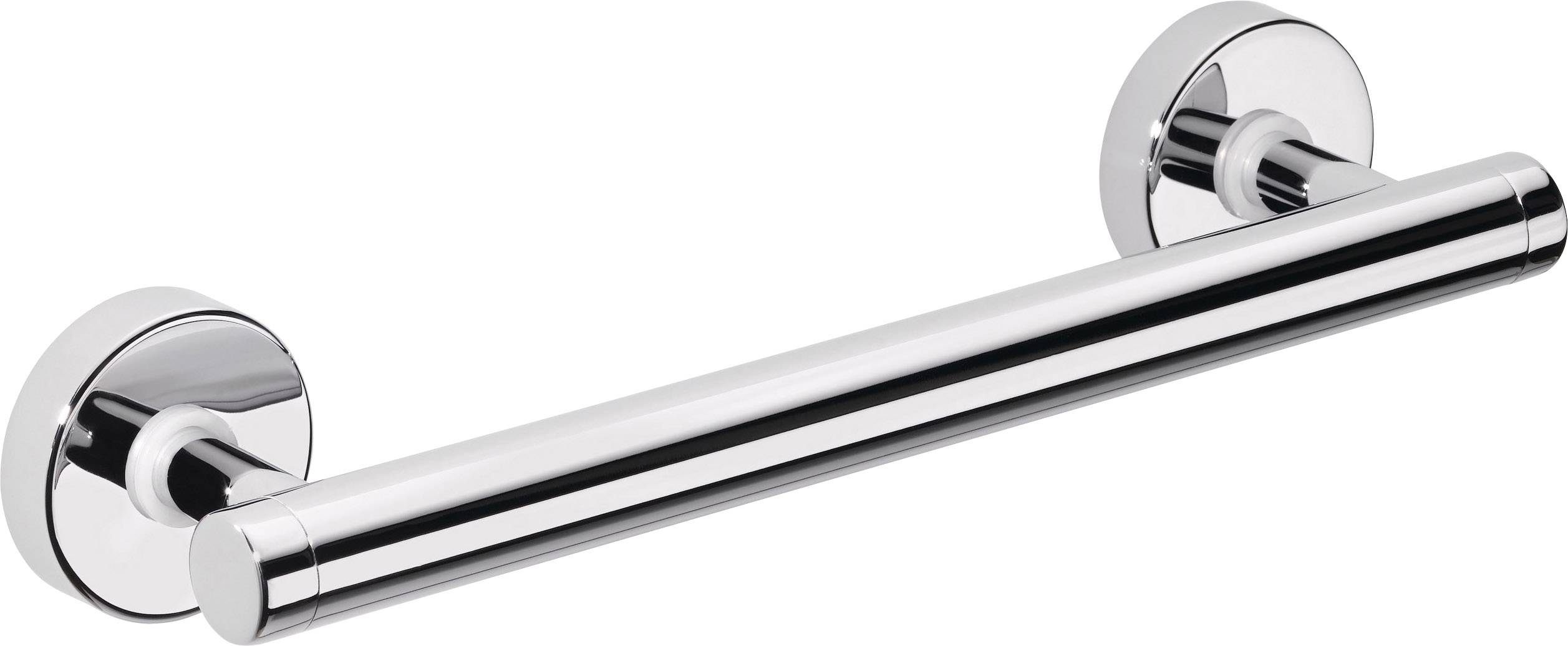 Silberner Handgriff, horizontal an der Wand befestigt, dient zur Unterstützung und Sicherheit in Badezimmern.