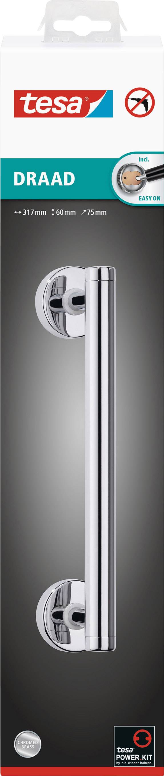 Türgriff von 'tesa' auf Verpackung, mit Aufschrift 'DRAAD'. Zeigt einen silbernen, zylindrischen Griff mit Wandbefestigungen, ohne Bohren.