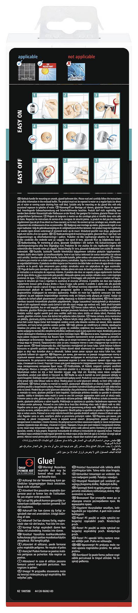 Rückseite einer Verpackung mit Abbildungen von Anwendungsschritten und kleingedrucktem Text. Unten befinden sich Kontaktinformationen.