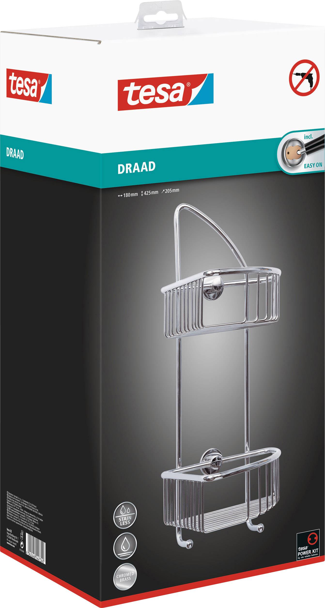 Verpackung eines tesa Duschkorbs aus Edelstahl für die Wandmontage, mit zwei Körben und tesa Power.Kit Befestigungssystem.