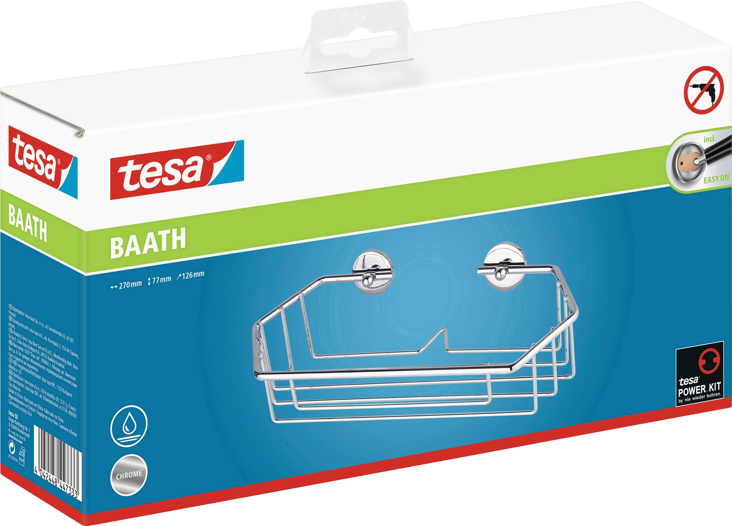 Verpackung eines tesa Badezimmereinhängekorbs. Enthält ein einfaches montierbares Befestigungssystem ohne Bohren.