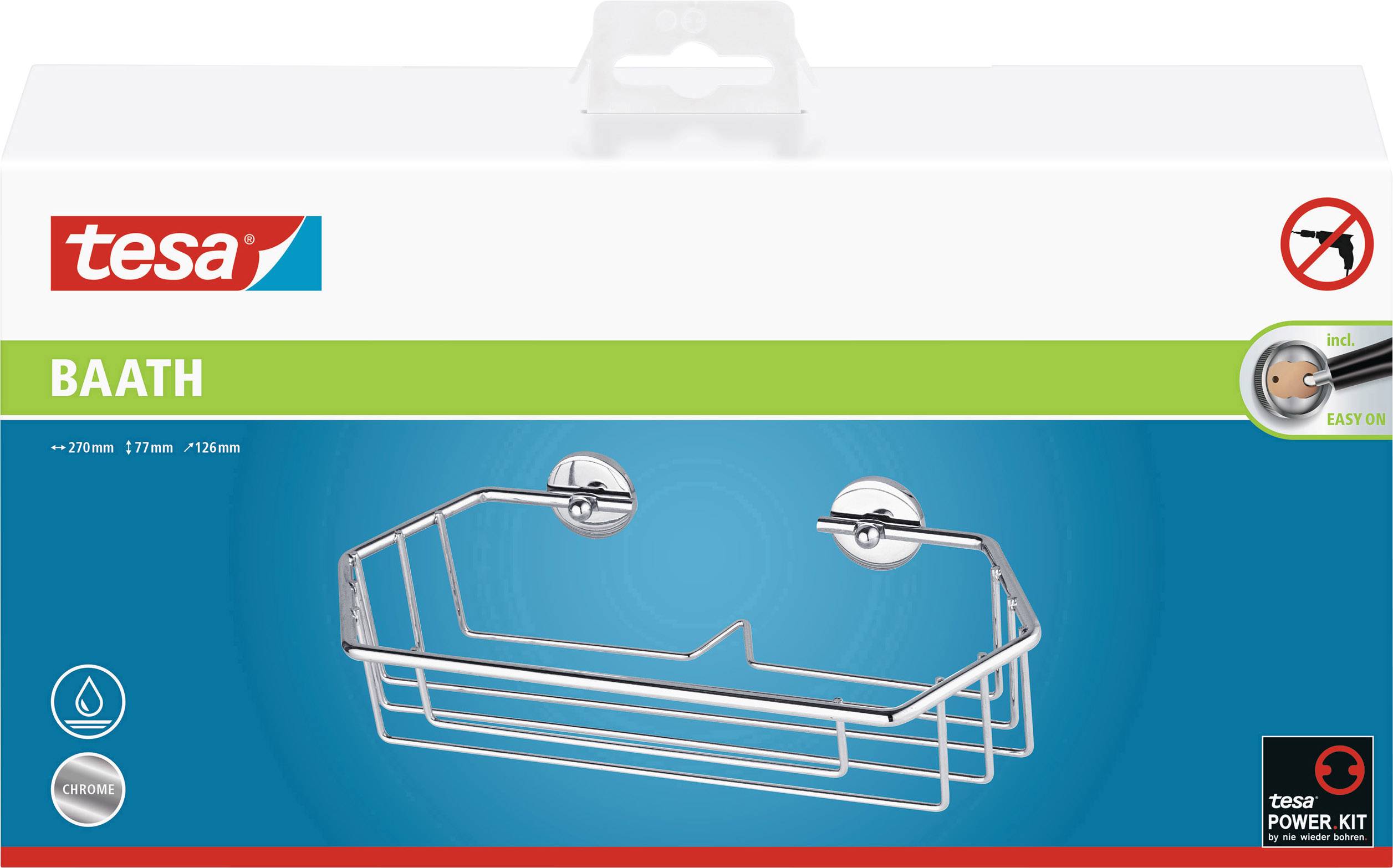 'Verpackung eines tesa BAATH Duschkorbs mit Easy-On-Wandmontage-System, abgebildet in Chrom mit Wasser- und Rostschutzsymbolen.'