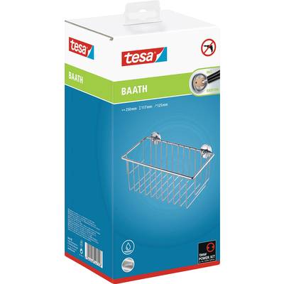 Verpackung eines Duschkorbs von Tesa 'BAATH', mit Maßen 250 x 117 x 125 mm und Befestigungselementen ohne Bohren.