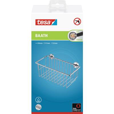 'Verpackung einer Metall-Badablage von tesa, ohne Bohren montierbar, mit tesa Power Kit, Größe: 250mm x 117mm x 125mm.'