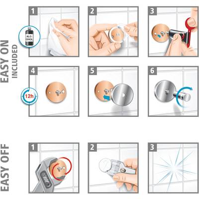 Anleitung zur Anbringung eines runden Hakens an Fliesen und einfacher Entfernung: Schritte 1-6 in Bildern mit erklärenden Symbolen.