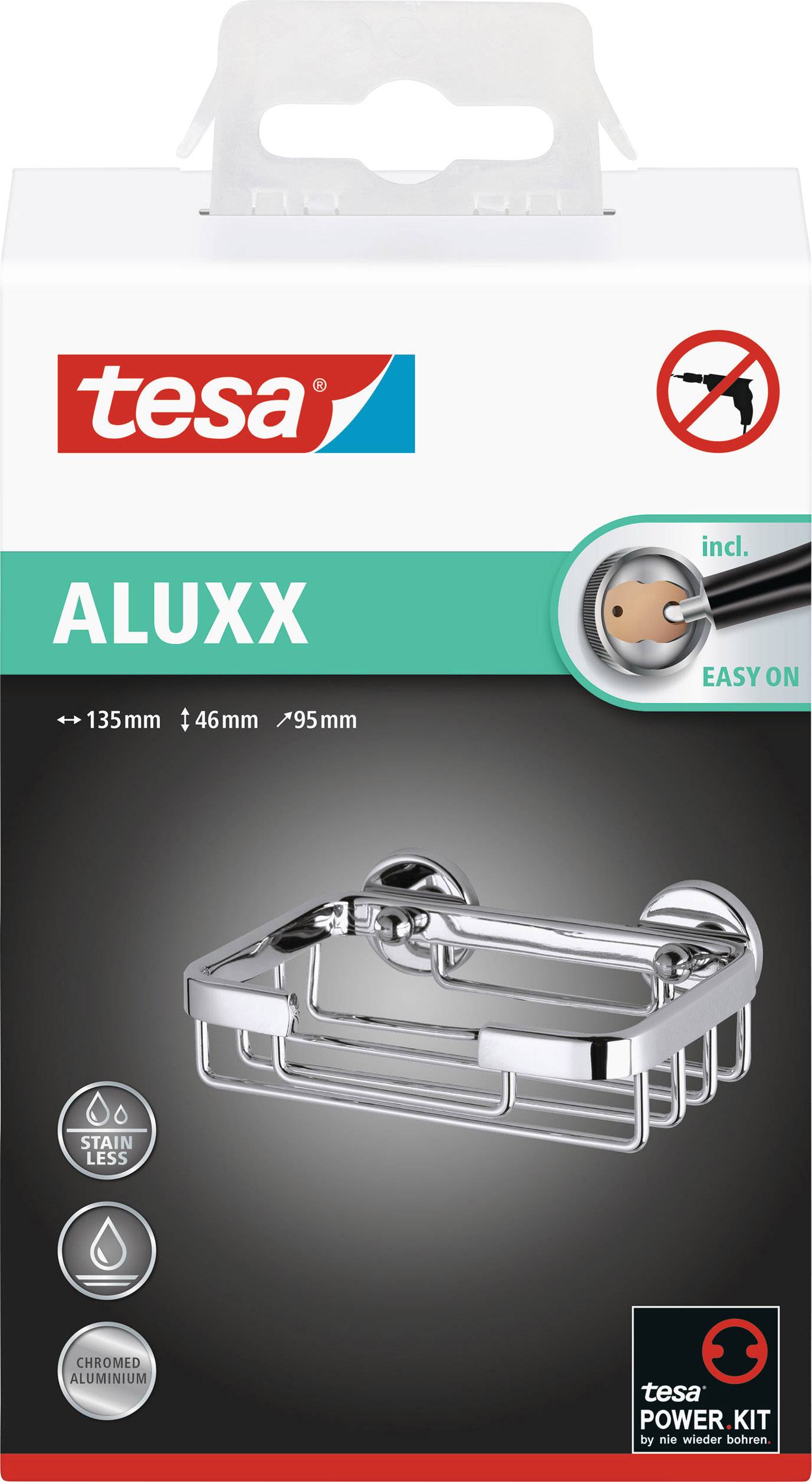 Verpackung einer Tesa-Aluxx-Seifenschale aus Edelstahl mit Abbildung des Produkts und Icons für Eigenschaften wie rostfrei und einfache Montage.