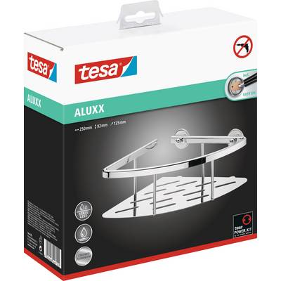 Verpackung eines tesa ALUXX Eckregals. Zeigt ein silbernes Duschregal mit Klebemontage. Enthält Montagekit.
