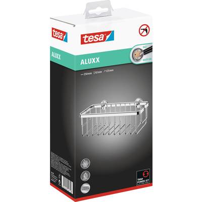 Verpackung eines Tesa Aluxx Duschkörbchens, gezeigt mit Befestigungssystem ohne Bohren. Maße: 250mm x 192mm x 125mm.