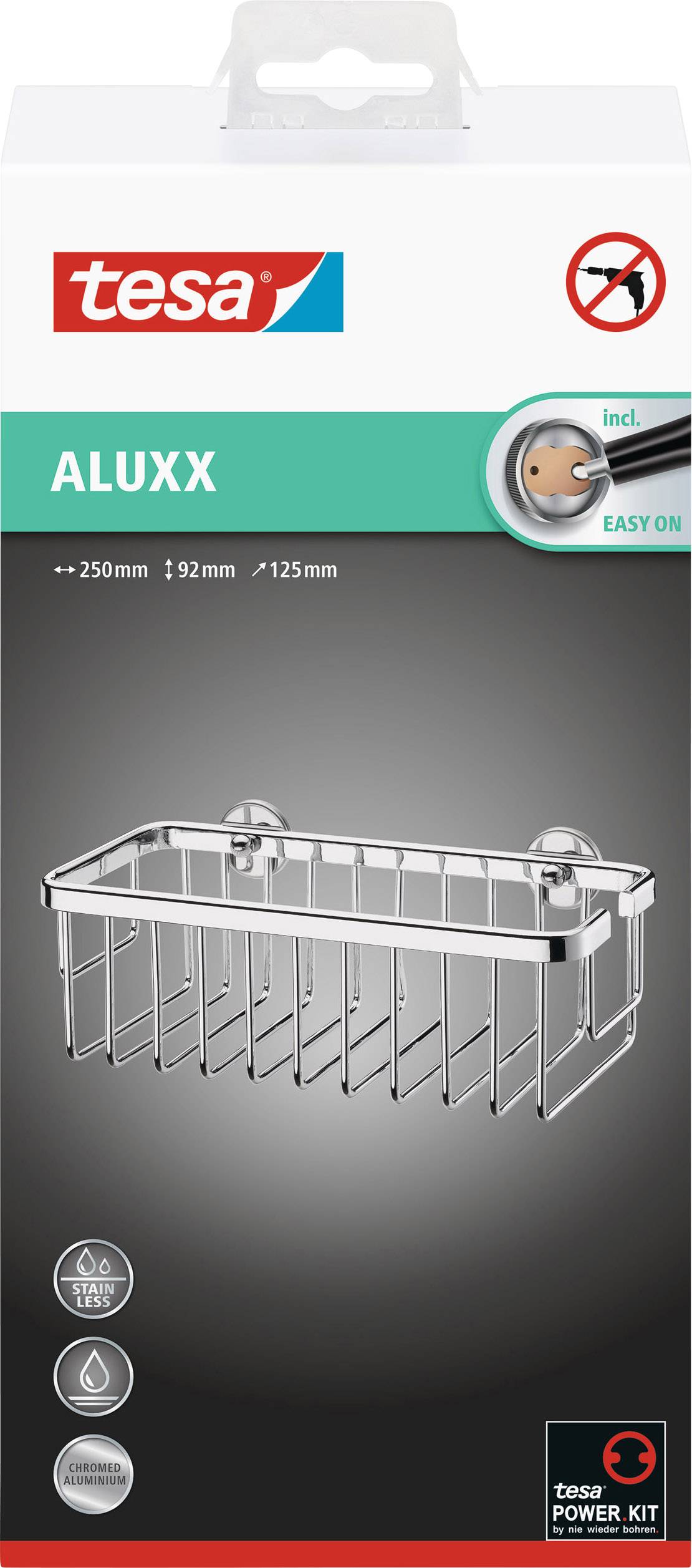 Verpackung eines Tesa ALUXX Duschkorbs. Zeigt ein Bild des Korbs mit 92 mm x 125 mm x 250 mm Maßen und das tesa Power Kit Logo.