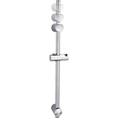 Duschsystem mit verstellbarer Stange und drei runden Duschköpfen in abgestufter Höhe. Silbernes Metall, modernes Design.