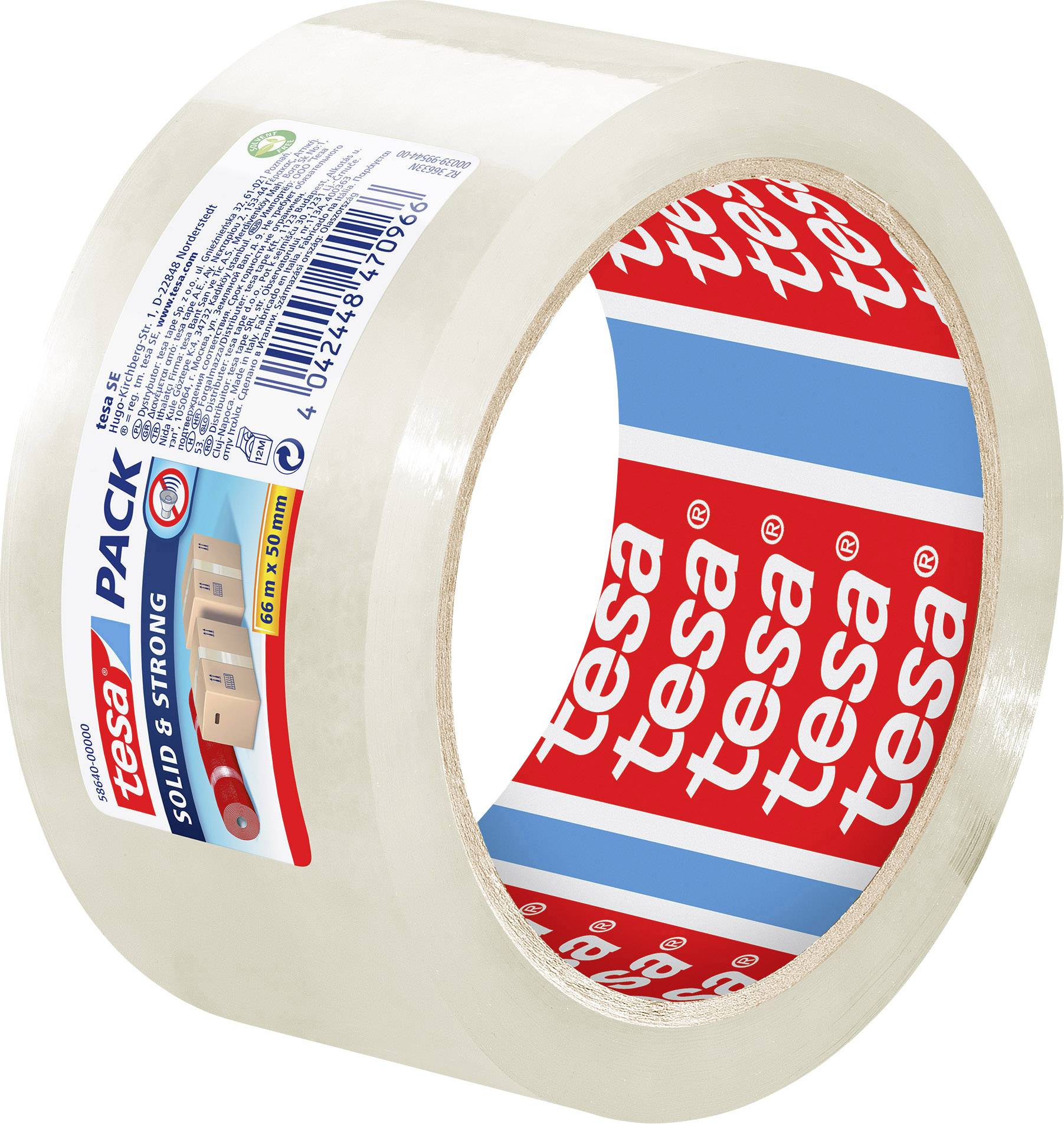 Klebebandrolle der Marke Tesa mit Aufdruck 'solid & strong', für zuverlässiges Verschließen von Paketen, beige, 66 m Länge, 50 mm Breite.