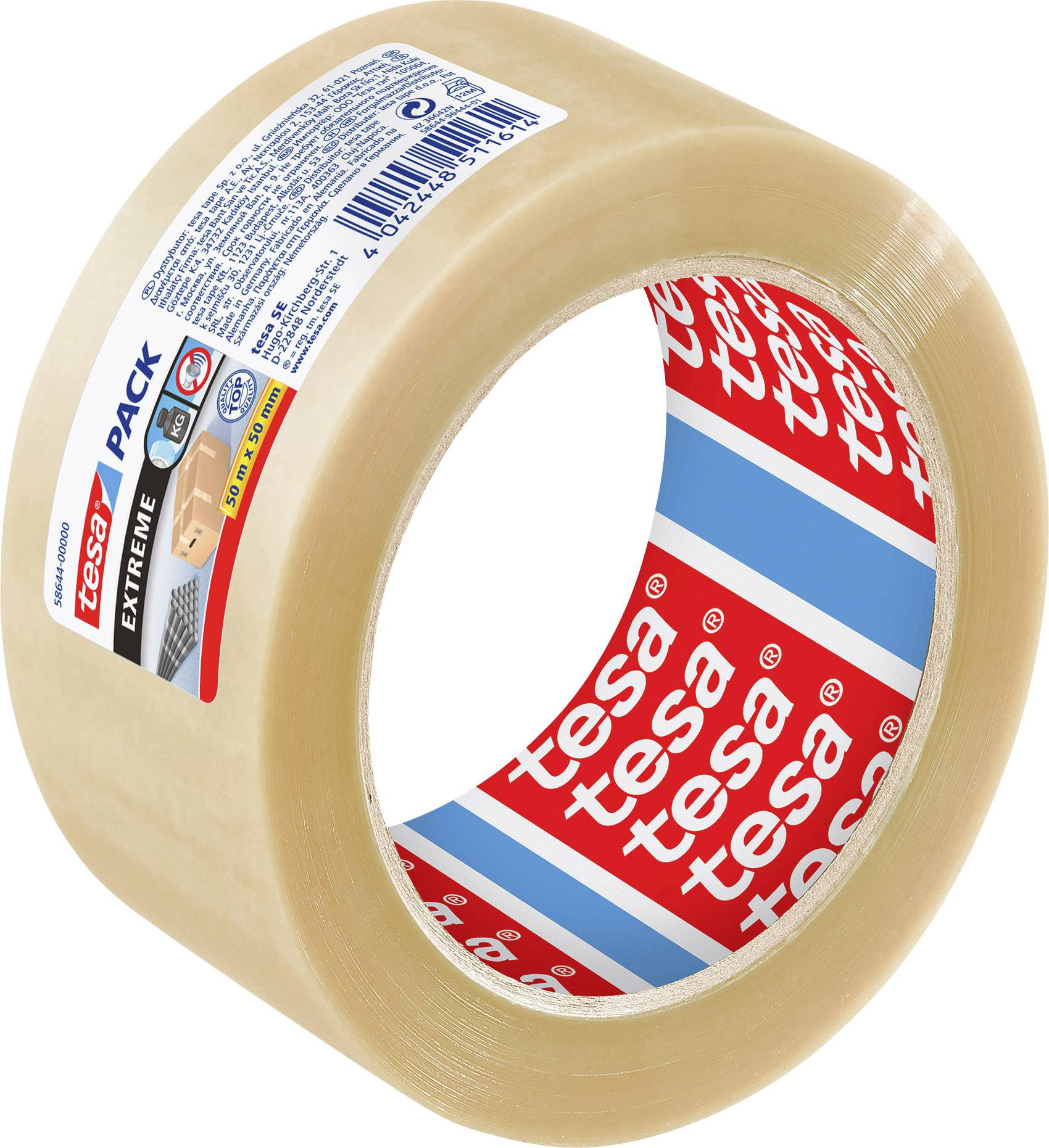 Eine Rolle durchsichtiges Verpackungsklebeband der Marke 'tesa' mit rotem und blauem Etikett. Geeignet für stark beanspruchte Anwendungen.