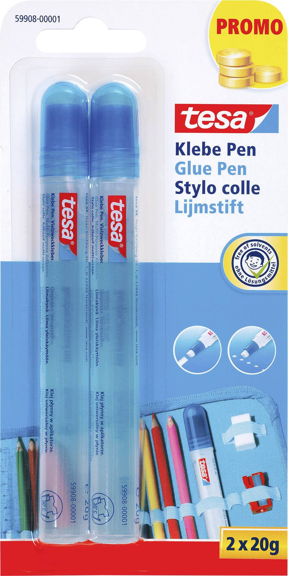 Zwei Tesa-Klebestifte in blauer Verpackung mit rotem Logo. Text 'Klebe Pen'. Abgebildete Anwendungsmöglichkeiten und 2x20g Inhalt.