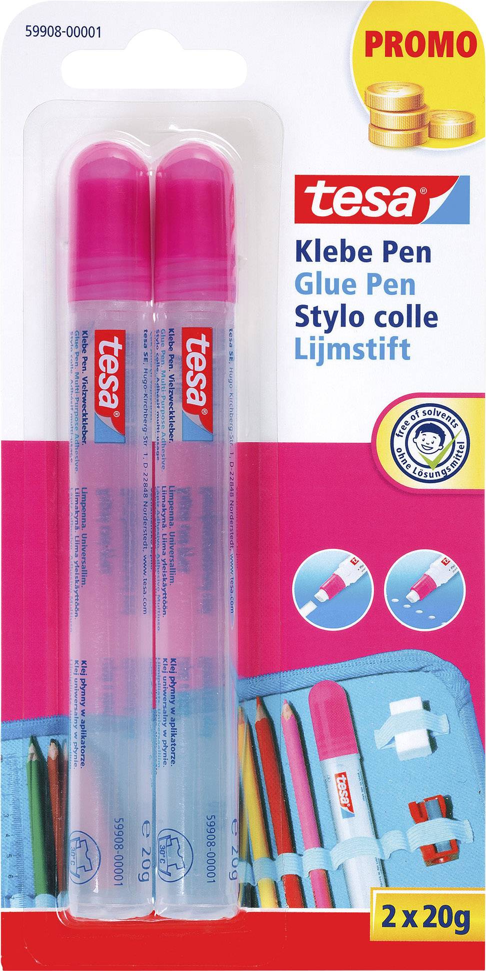 Zwei Tesa Klebestifte in einer Verpackung. Oben rechts 'PROMO'-Aufdruck mit Münzsymbol. Ideal für Schulmaterial.