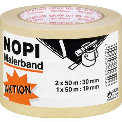 NOPI Malerband, beige Rolle, mit Text 'AKTION'. Maße: 2 Rollen à 50m x 30mm, 1 Rolle à 50m x 19mm. Made in Germany.