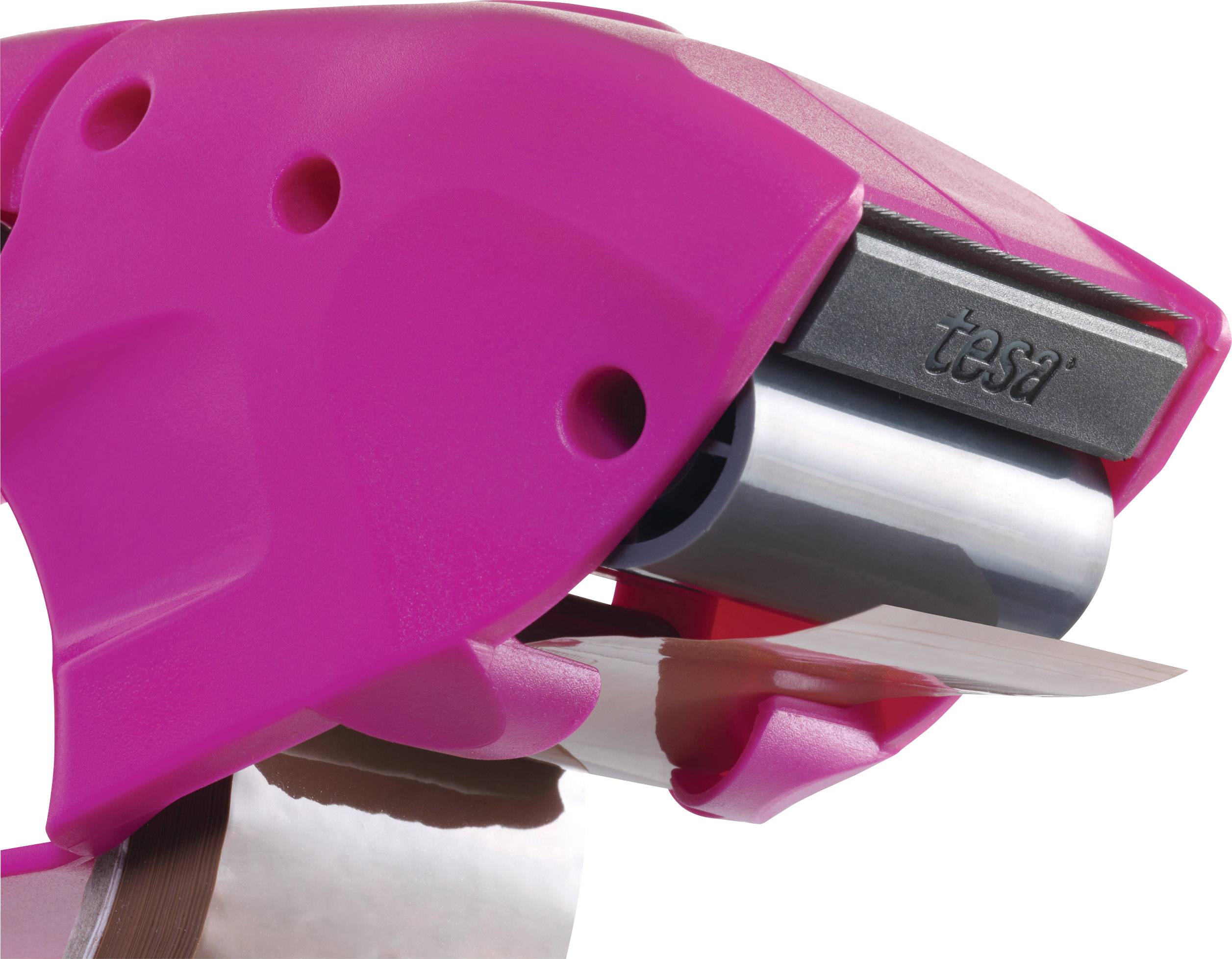 Handabroller, pink, mit eingebauter Klebebandrolle, seitliche Ansicht.