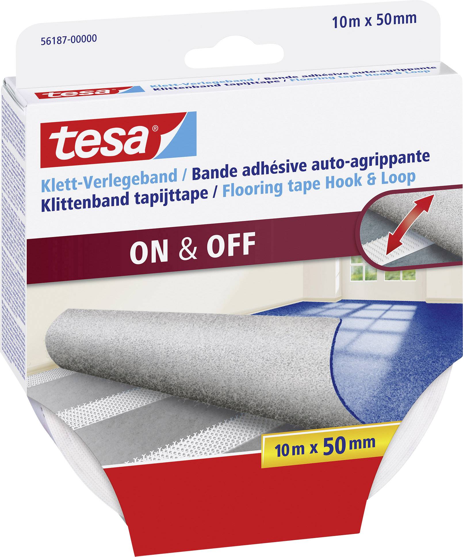 Verpackung von tesa Klett-Verlegeband, 10 m x 50 mm, für Böden. Zeigt Teppich verlegt auf Boden mit Band, Text 'ON & OFF'.