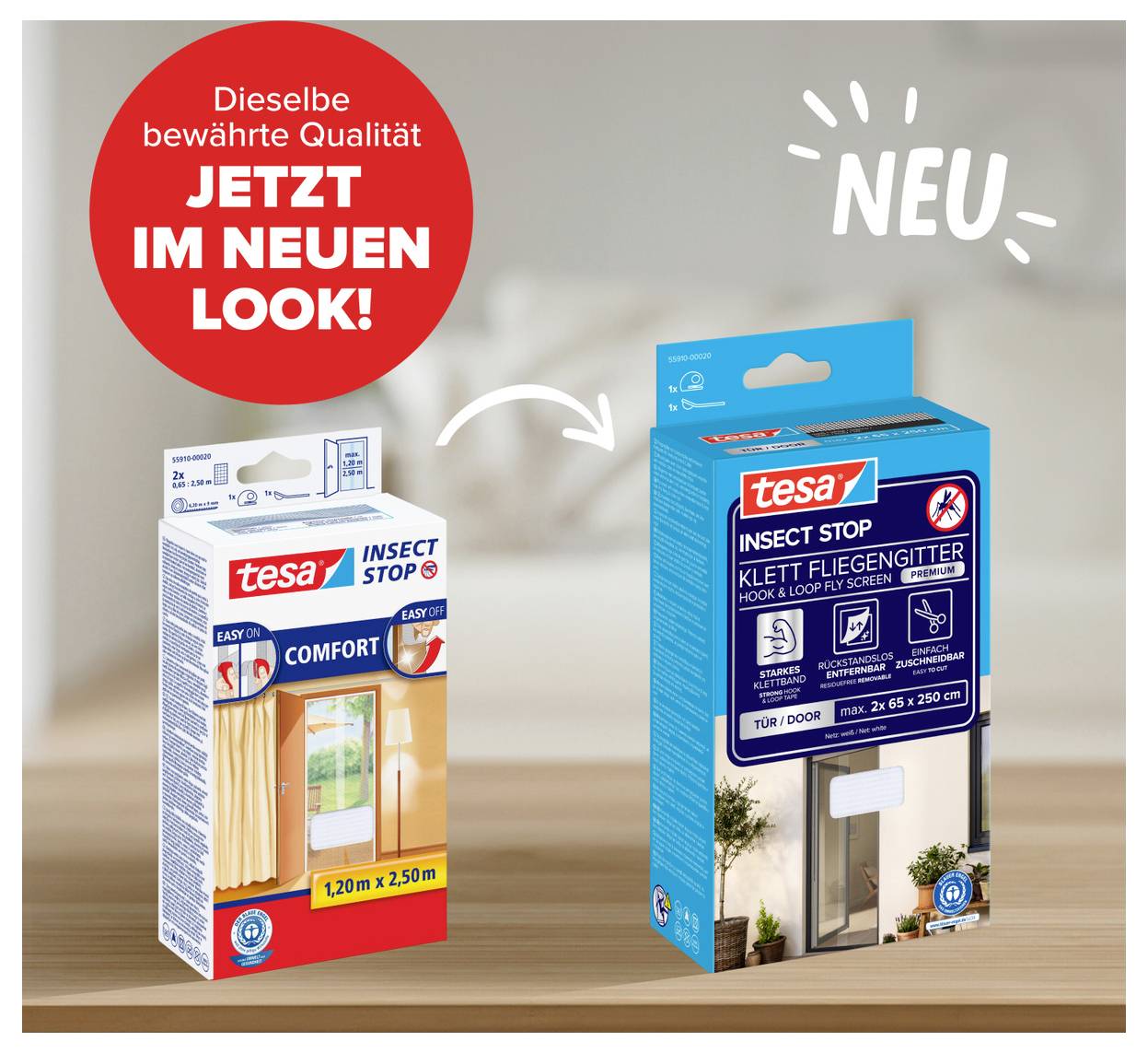 Werbegrafik: links alte tesa Insektenschutz-Verpackung, rechts neues Design mit Pfeil und 'NEU'; Hinweis: gleiche bewährte Qualität im neuen Look.<br>