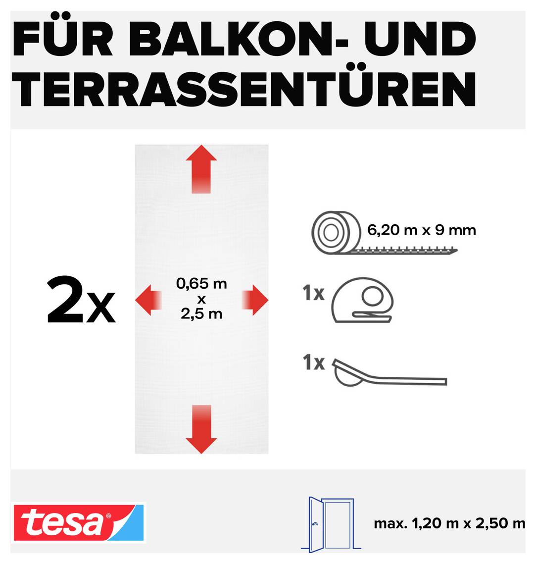 Infografik für Balkon- und Terrassentüren: 2x 0,65 x 2,5 m Gewebe, dazu 6,20 m x 9 mm Klebeband, 1x Rolle und 1x Montagehilfe; max. 1,20 m x 2,50 m.
