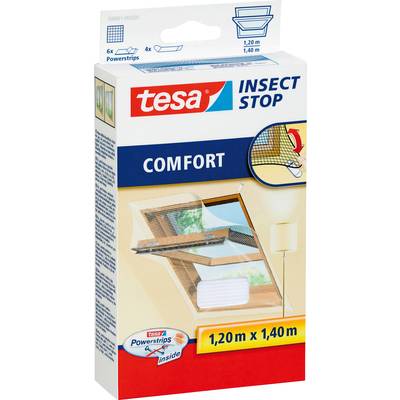Tesa Insect Stop Fliegengitter für Dachfenster, 120 x 140 cm, in blauer Verpackung mit einem Produktbild eines Fensternetzes.