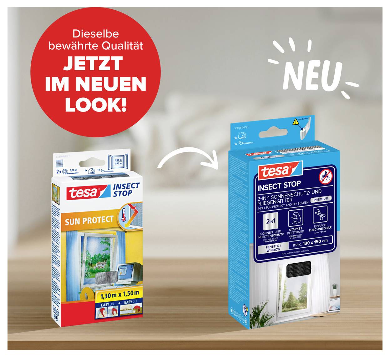 Werbegrafik mit zwei Tesa-Insektenschutz-Verpackungen: links 'alter' Look, rechts 'neuer' Look; Text 'Dieselbe bewährte Qualität jetzt im neuen Look!' und 'Neu'<br>