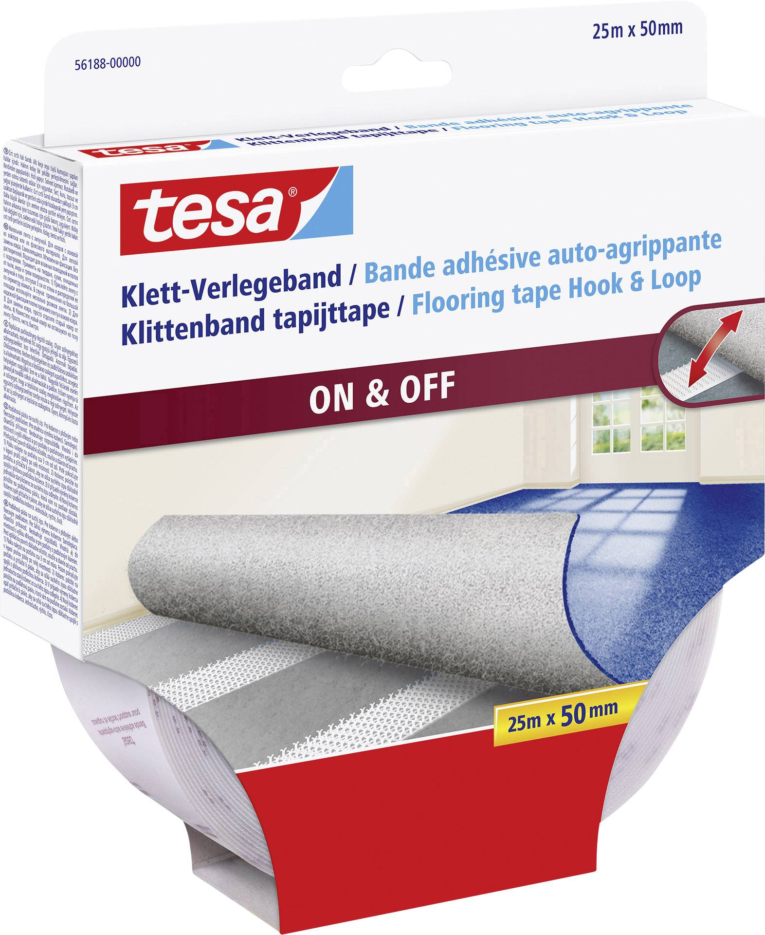 Klett-Verlegeband der Marke tesa, 25m x 50mm, für Bodenbeläge geeignet. Verpackung zeigt Anwendungsbeispiel auf Teppichböden.