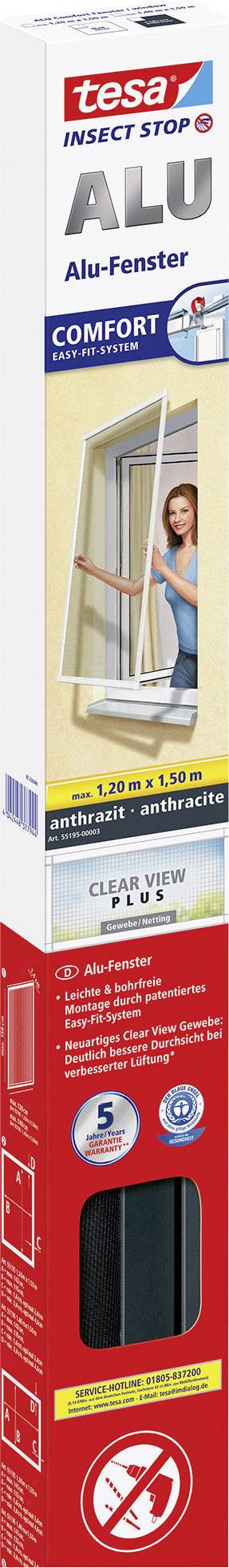 Verpackung einer 'tesa Insect Stop Alu Fenster'-Fliegengitter mit Bildern: Frau montiert Fliegengitter, Produktmerkmale wie Größe und einfache Montage.
