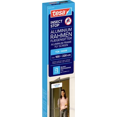 Verpackung für tesa Insect Stop Aluminium-Rahmen-Fliegengitter für Türen, max. 100 x 220 cm, mit Clear View Plus und automatischem Schließmechanismus.