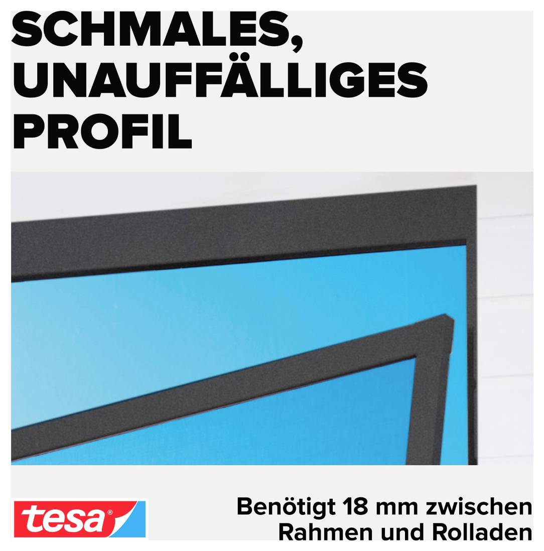 Werbegrafik mit schwarzem, schmalem Rahmenprofil; Text: 'Schmales, unauffälliges Profil' und 'Benötigt 18 mm zwischen Rahmen und Rollladen'.