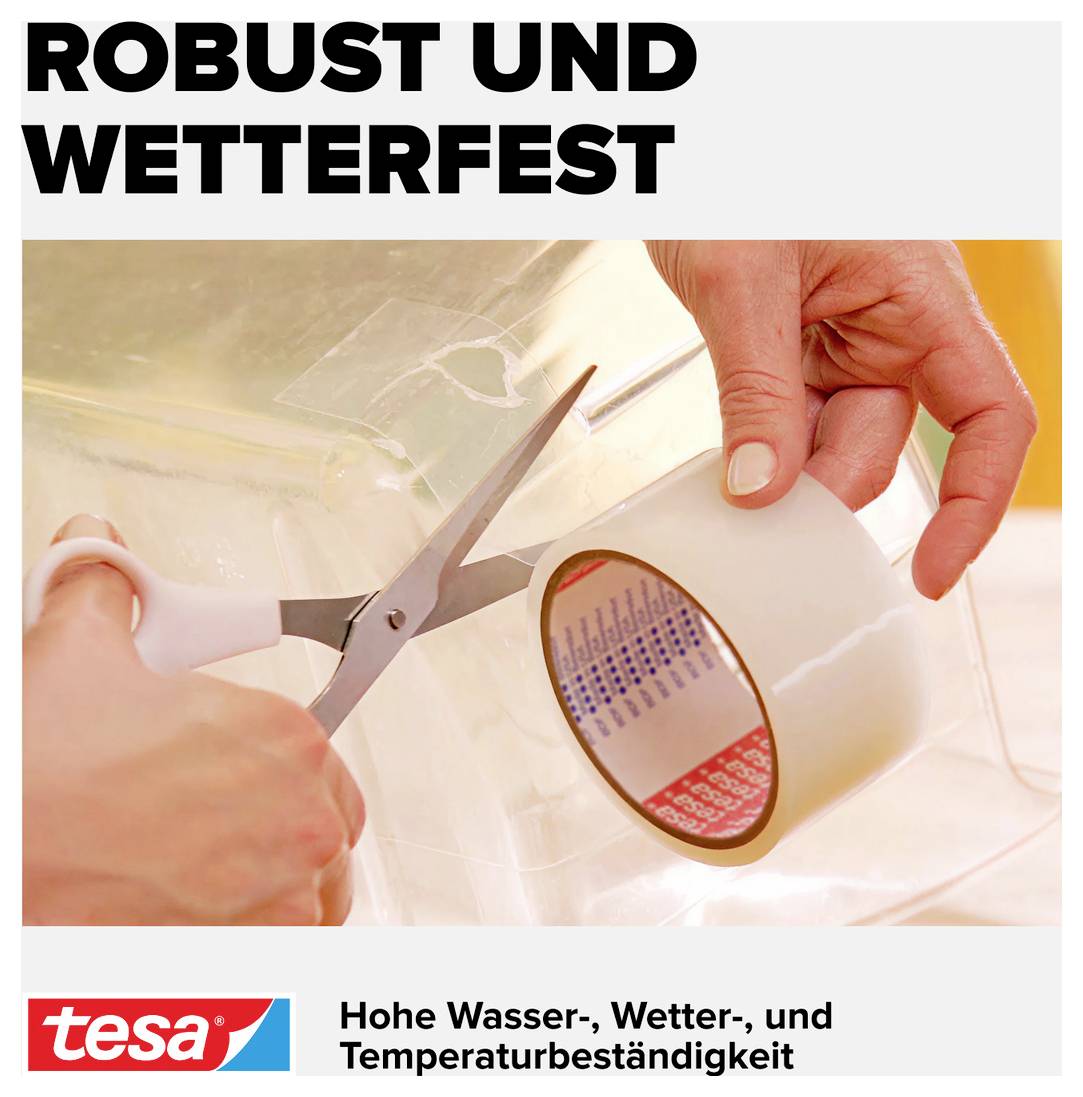 'Eine Person schneidet wetterfestes Klebeband mit einer Schere. Text oben: "Robust und wetterfest".'