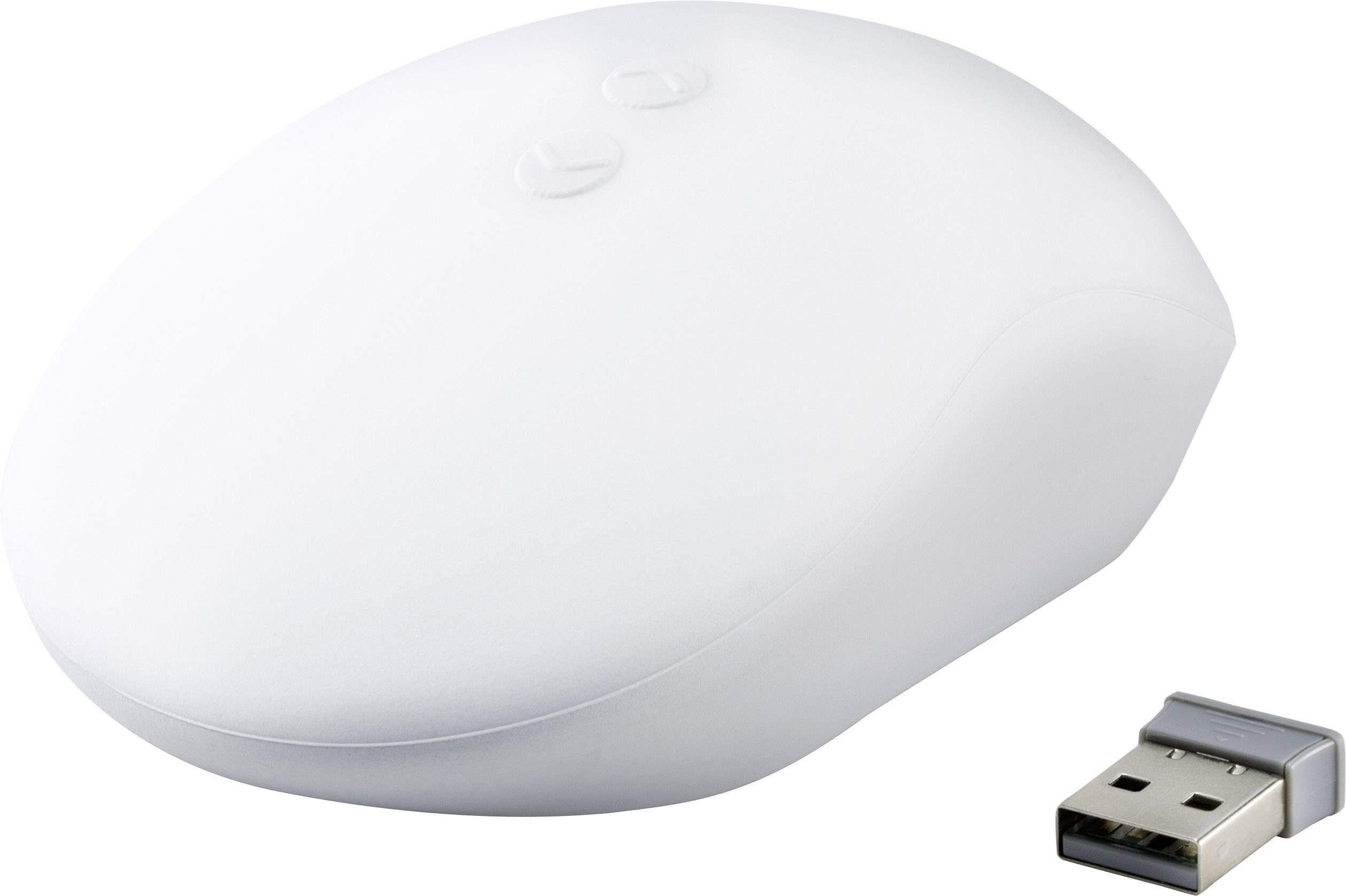 Weiße, kabellose Computermaus mit USB-Empfänger daneben, auf hellem Hintergrund.