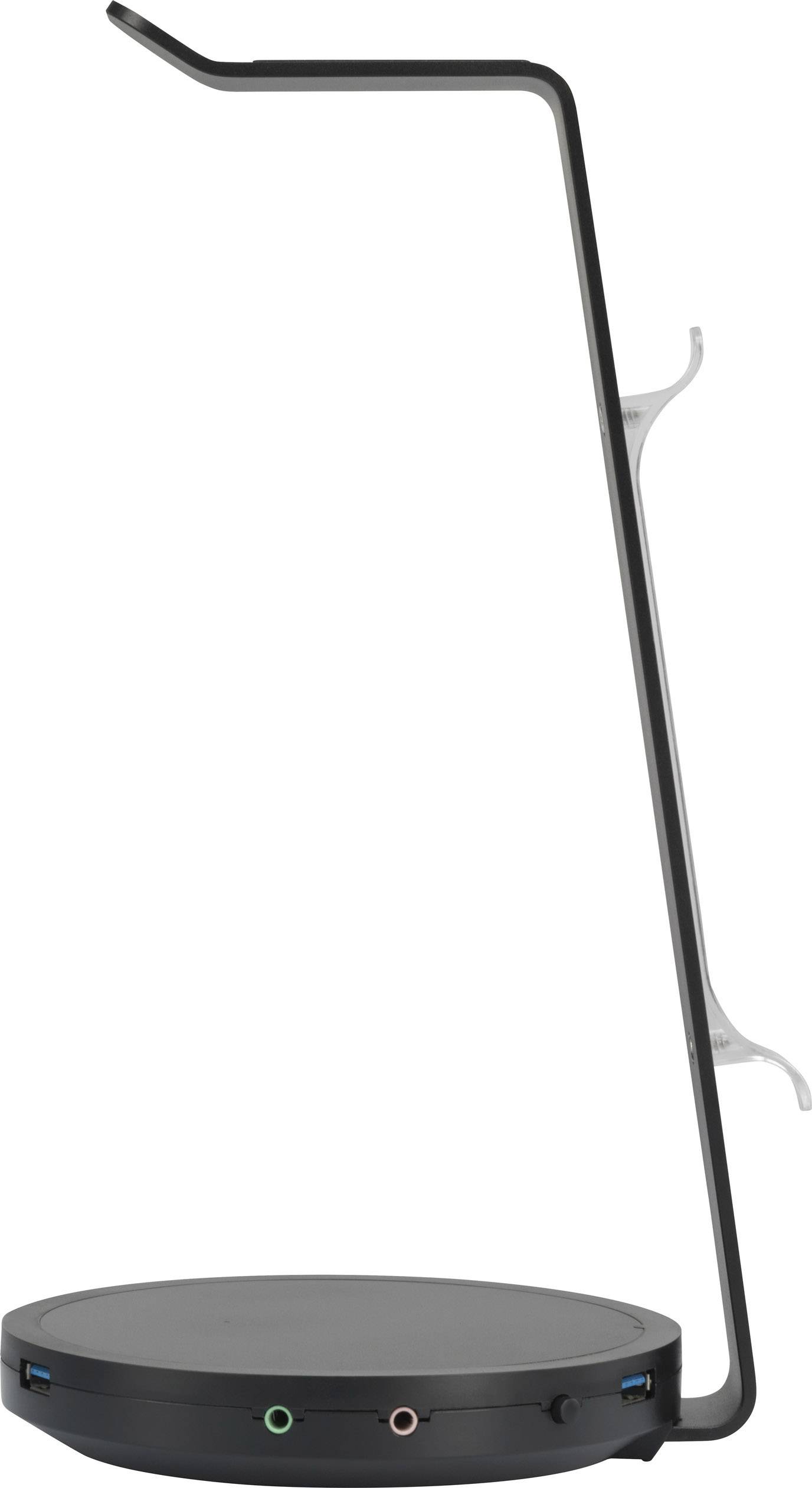 Ein schwarzer Headset-Ständer mit einem runden Sockel und zwei USB-Anschlüssen.