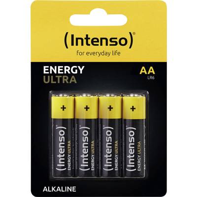 'Intenso Energy Ultra' 4er-Packung AA-Alkaline-Batterien. Schwarze Batterien mit gelbem Pluspol. Verpackung: Gelb und Schwarz.