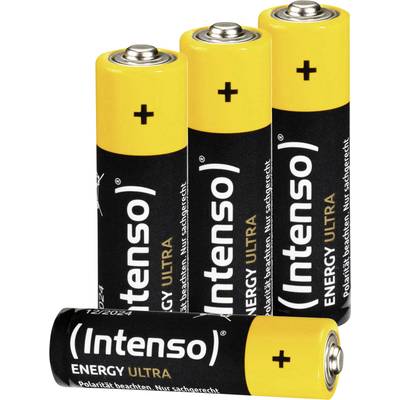 Vier AA-Batterien der Marke 'Intenso Energy Ultra', vertikal stehend, mit gelben Spitzen und schwarzem Körper.
